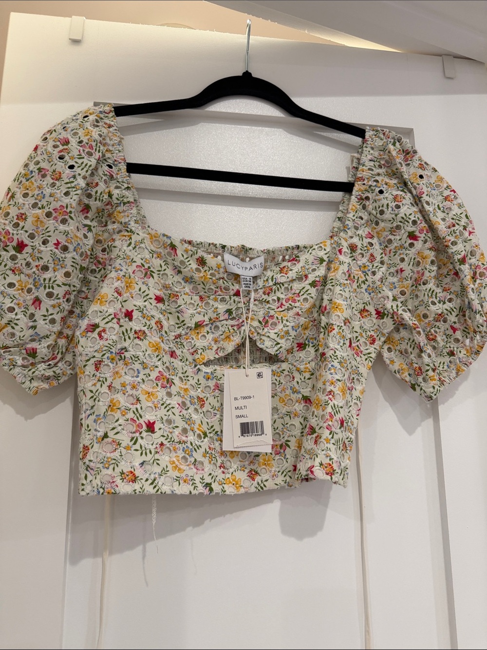 Lucy Paris Cream Multi Floral Puff-Sleeve Crop Top